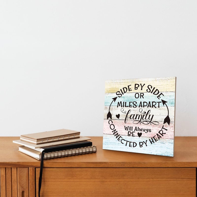 SUSZDOU Family Sign, “Side by Side or Miles Apart, Family Will Always Be Connected by Heart”, Wooden Plaque Table Art Sign 6.2x6.2 Inch, Farmhouse Room Decor, Long Distance Gift for Loved Ones A - Image 4
